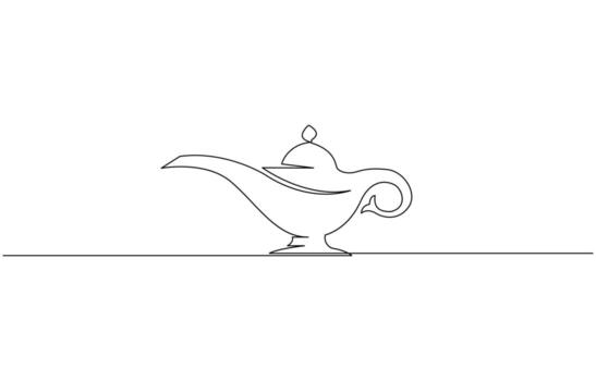 Continuous line design of aladdin magic teapot. Decorative elements drawn vector
