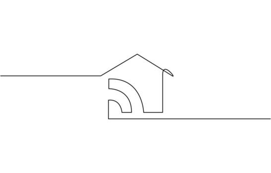 Smart house with WiFi icon continuous one line drawing, Continuous line drawing of house and wifi Icon. vector