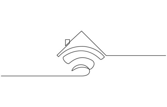 Smart house with WiFi icon continuous one line drawing, Continuous line drawing of house with Wi-Fi symbol vector