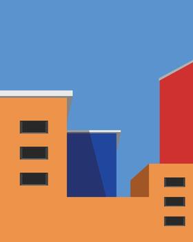 Abstract minimal building with blue sky background. Geometric Modern Architecture Illustration. Minimal Colorful Building on a Sunny Day. Abstract Shapes and Flat colorful building. Modern vector