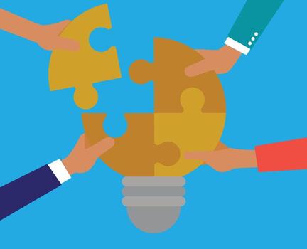 concepto de creativo trabajo en equipo con ligero bulbo rompecabezas. trabajo en equipo cada participación un rompecabezas pedazo conformado me gusta un ligero bulbo. innovador soluciones y problema resolviendo concepto vector