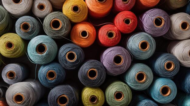 Colorful thread spools overhead view photo