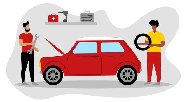 Two men are busy in a garage fixing a red car. One man is using a wrench while the other holds a spare tire, surrounded by tools and a first aid kit on the shelf vector