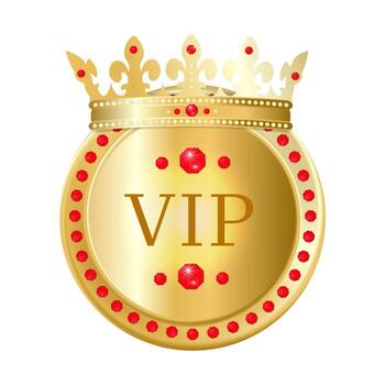 Golden VIP badge with crown and ruby gems, emblem on white background vector