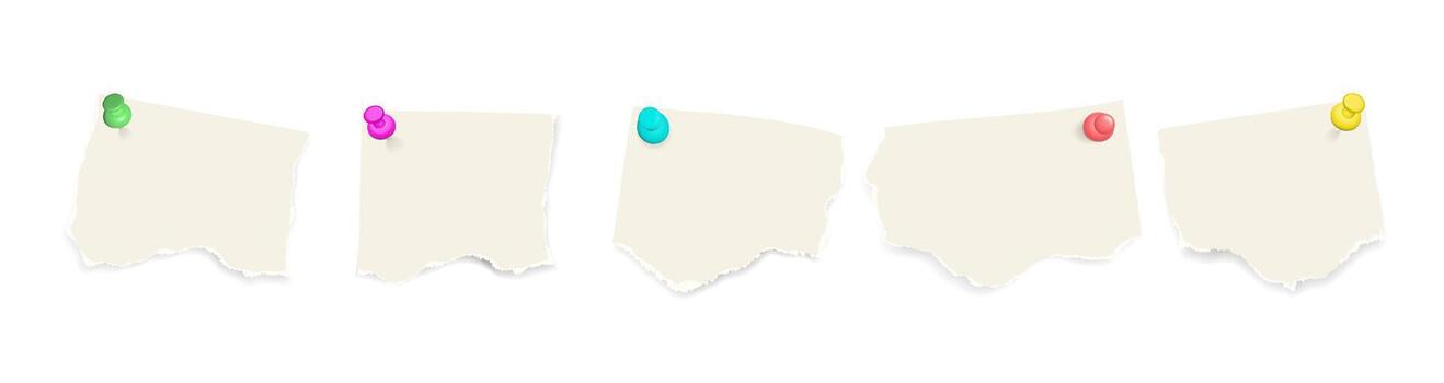 Paper notes with push pins. template with blank sheets, sticky notes, and ripped paper pieces for stationery, reminders, or collage design. vector