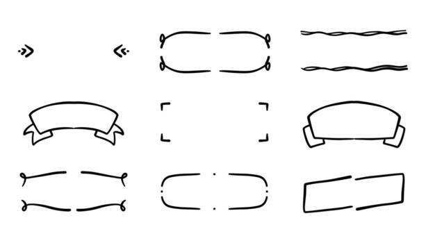 Text box hand drawn banner and frame set. Brush stroke rustic style with cute tags, labels, ornaments, and highlights. Perfect for graphic text shapes, headline badges, and decoration elements. vector