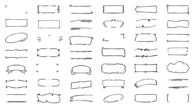 Collection of hand drawn text boxes, banners, and frames. Rustic brush stroke style with cute tags, labels, and ornaments. Ideal for headlines, notes, badges, and creative decoration elements. vector