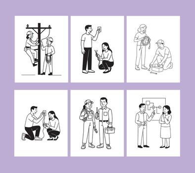 Electrician and wiring illustration set of people installing repairing and working on electrical circuits in minimal line art style vector
