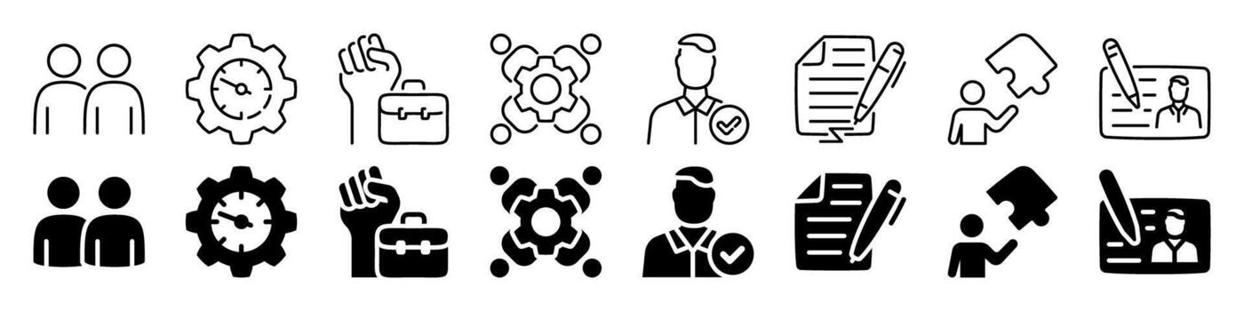 Workforce management and productivity icon set. Linear and silhouette style. vector