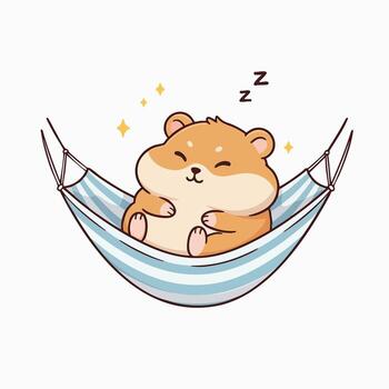 linda dibujos animados hámster relajante en hamaca con a rayas modelo y espumoso estrellas aislado vector