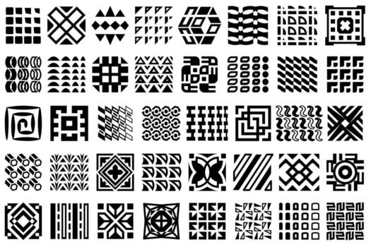 Collection of abstract modern geometric black and white designs. Geometric pattern collection, an abstract set of black and white square motifs. Features diverse tribal and modern designs vector