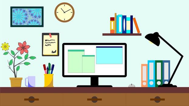 illustration of a work desk with a monitor, bookshelf, flowers, and, document folders, wall clock and more, easy to use and edit vector