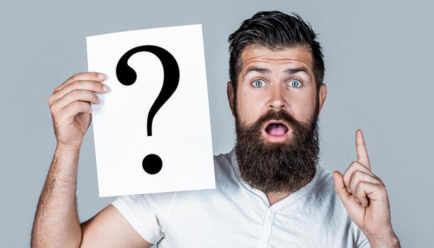 Question mark, symbol. Concept - challenging issue, looking for the answer. Man Question, emotion. Man question. Male with question marks. Getting answers photo