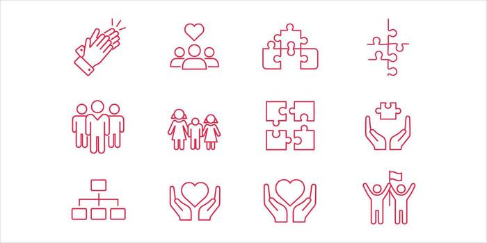 A set of linear icons representing teamwork, including collaboration, support, and shared goals vector