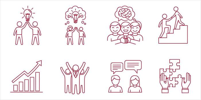 A collection of linear icons depicting teamwork, brainstorming, and mutual support, highlighting collaboration and shared success vector