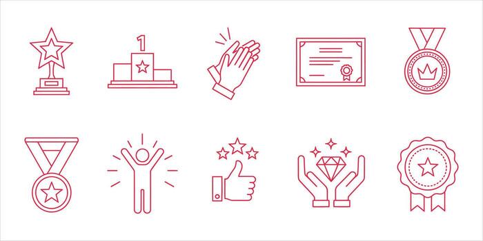 A set of linear icons representing achievement, recognition, and success, highlighting awards and positive feedback vector