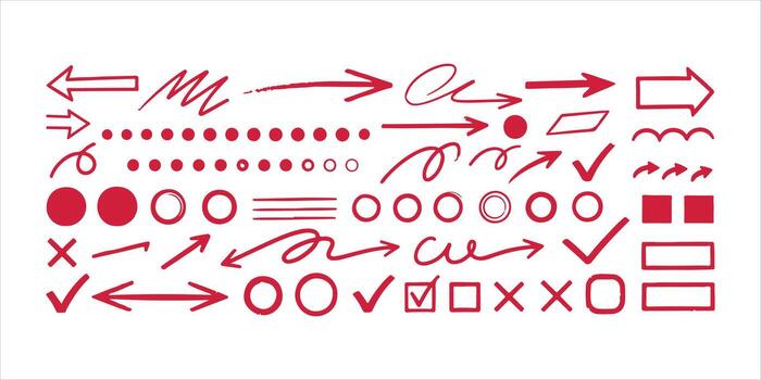Set of red handdrawn arrow and mark elements, includes various shapes, directions, and styles for design use vector