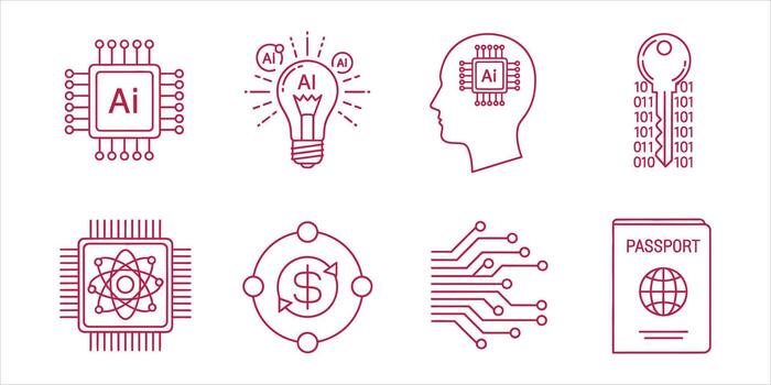 Artificial intelligence and technology icons set contains passport, key, chip, money, atom, and lightbulb icons vector