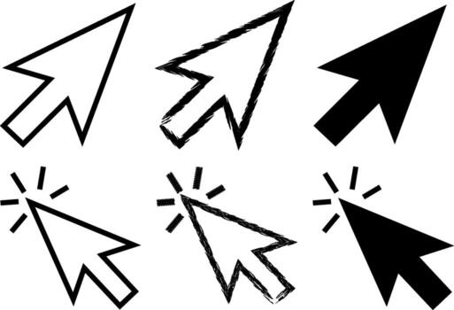 Various mouse cursor arrow pointers and click icons set. Collection of user interface elements with outline, solid, and distressed styles for graphic design vector