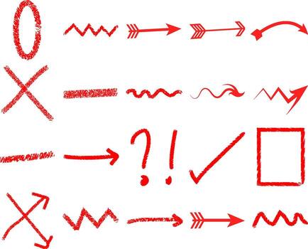 Collection of red scribbled graphic elements, including arrows, marks, and geometric shapes, perfect for design and illustration projects vector