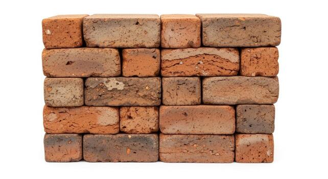 Stack of weathered red bricks isolated on white background photo