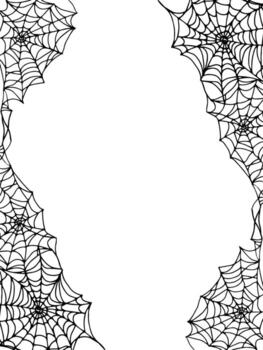 un vertical marco con un araña web. negro contorno dibujo para Víspera de Todos los Santos. dibujado a mano gráfico marco con espacio para texto. línea dibujo de Siniestro hilos para fiesta decoraciones, tarjetas, y invitaciones vector