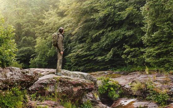 Man hiking in a dense forest photo