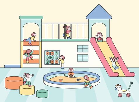 Children playing together at a playground with slides, climbing, sandbox, and toys in a cheerful and safe environment. vector