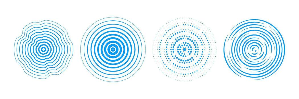 Blue radial concentric circle set. Linear, dashed and dotted rings for epicenter, target, radar, earthquake, tsunami symbol. Sound wave signal collection. Rippled expansive vibration elements vector
