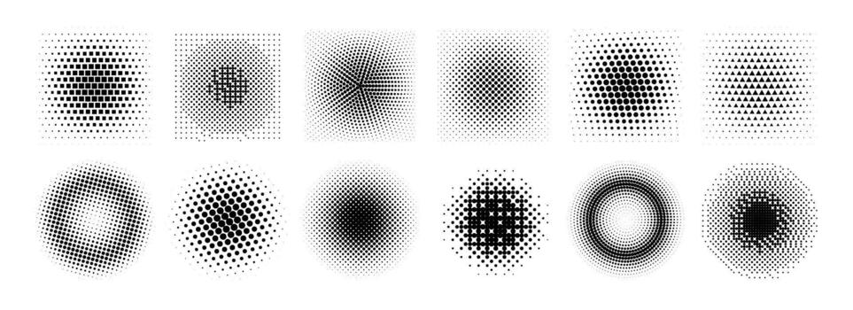 Halftone radial gradient collection. Dotted textured round and square patterns. Cartoon faded background set. Pixelated bitmap element pack for frame, poster, collage, banner. Comic bundle vector