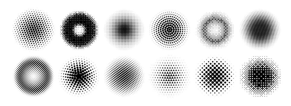 Halftone radial gradient collection. Dotted textured round patterns. Cartoon faded circles background set. Pixelated element pack for frame, poster, collage, banner, flyer. Comic bundle vector