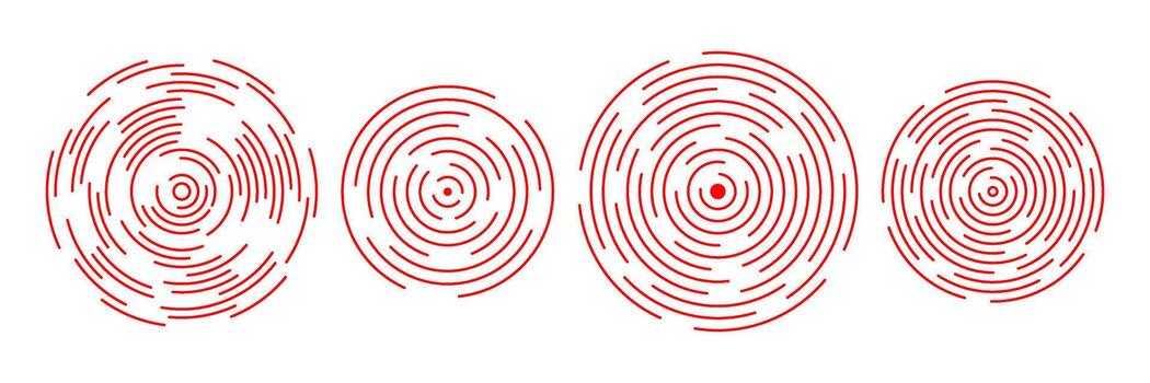 Red radial concentric circle set. Sound wave signal collection. Expansive vibration elements. Rippled, dashed and dotted rings pack for epicenter, target, radar, earthquake shockwave vector