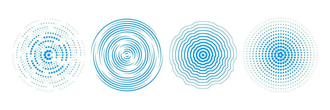 Blue radial concentric circle set. Ripped, dashed and dotted rings for epicenter, target, radar, tsunami, earthquake symbol. Sound wave signal collection. Rippled expansive vibration elements vector