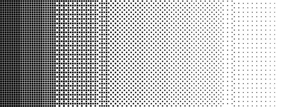 mapa de bits trama de semitonos textura antecedentes. cuadrado punto descolorido gradación fondo de pantalla. negro y blanco binario cuadrado píxeles resumen defectuoso 8 poco juego fondo. cómic vacilar pantalla tono cubrir vector