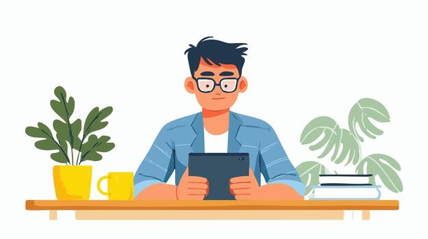 hombre utilizando tableta para trabajo vector