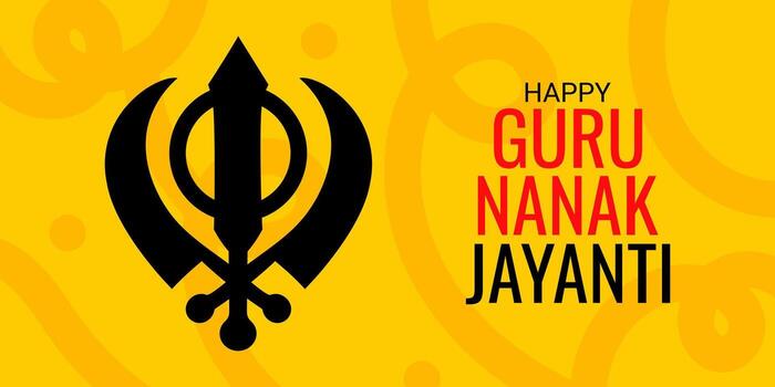 Guru Nanak Jayanti Day banner. Black silhouette of a khanda on an abstract background.Template. vector