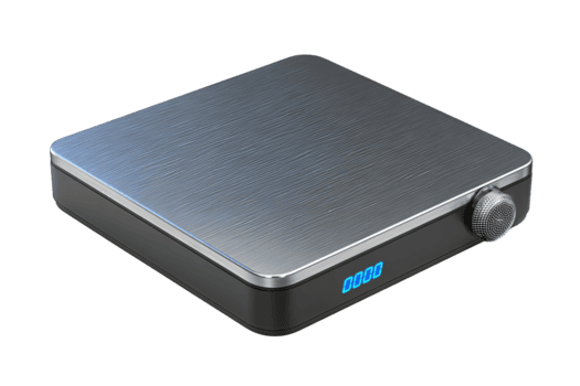 elegante digitale pesatura dispositivo con alluminio piatto e grafite telaio, illuminato di blu Schermo a zero, delicato lato comporre struttura, isolato su trasparente sfondo. png