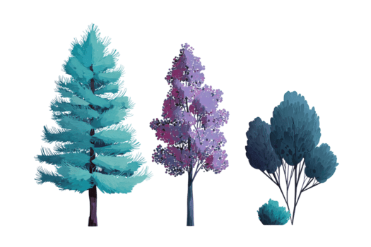 moderno natura icona impostato mostrando alzavola pino, viola acero, e buio ciano arbusto, liscio piatto stile con interno ombra realismo, isolato su trasparente sfondo. png