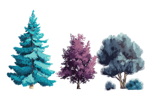 drie minimalistische boom pictogrammen in blauwgroen, paars, en cyaan tonen, met pijnboom, esdoorn, en struik vormen met zacht schaduw diepte, geïsoleerd Aan transparant achtergrond. png