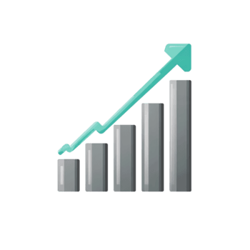 en tillväxt Diagram bricka terar stålgrå barer stigande till de rätt med en mint-gradient pil keps, halvplatt design med mjuk avrundad kanter, isolerat på transparent bakgrund. png