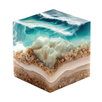 Miniature ocean resin cube showing wave and sand layers with embedded iceberg, clear aquamarine hues and polished edges, isolated on transparent background. png