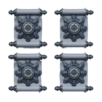 Grid of four scroll shields each featuring a unique lock design, beveled navy metal frames with gray paper centers, isolated on transparent background. png