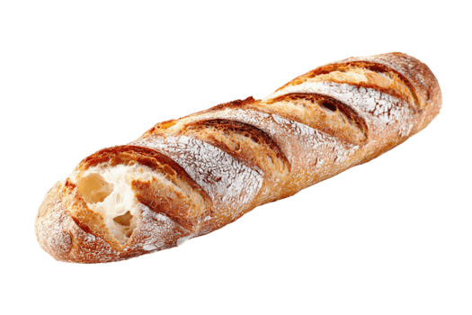 Crisp sourdough baguette with artisan scoring and flour-dusted crust, torn end exposing light crumb texture, positioned diagonally, isolated on transparent background. png
