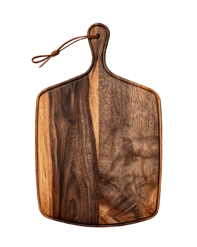 Paddle-style cutting board crafted from dark walnut wood with rich knot patterns, rounded handle and leather tie, beveled edges, isolated on transparent background. png