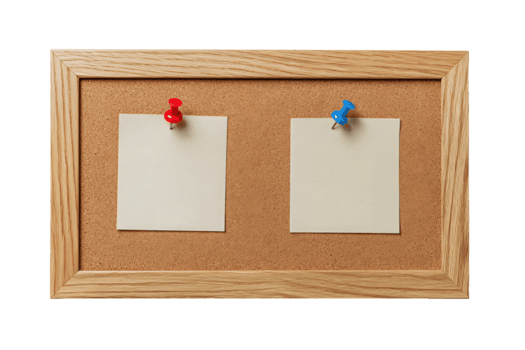 semplice quercia Avviso telaio con corkboard nucleo e Due appuntato crema Appunti, rosso e blu puntine aggiungendo contrasto, bene legna grano visibile, isolato su trasparente sfondo. png