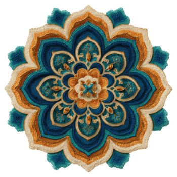circulaire rangoli mandala art, symétrique huit pétales forme dans sarcelle, Safran, et souci palette, riches le sable superposition et subtil perles, isolé sur transparent Contexte. png