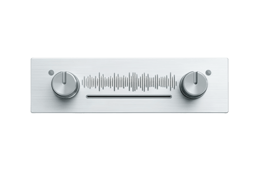 Modern audio control panel with two vertical sliders and a clean waveform bar below, finished in cool gray anodized metal, minimalist interface, isolated on transparent background. png