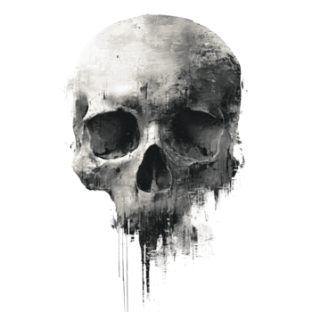 grintoso dipinto a pennello cranio reso frontalmente nel carbone e fuliggine toni, gocciolante dipingere colpi e ruvido espressive struttura, isolato su trasparente sfondo. png