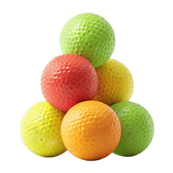 grappolo di sei misto schiuma golf palle nel un' agrume tavolozza di lime, mandarino, e Uva, croccante fossetta struttura, impilati nel un irregolare piramide, isolato su trasparente sfondo. png