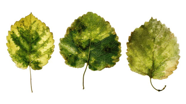 botanico foglia trio betulla faggio e olmo posto nel un' sfalsato modello afflitto inchiostro effetto con visibile vene isolato su trasparente sfondo. png